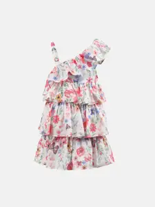 KIDKLO Girls White & Red Floral One Shoulder Pure Cotton Tiered Dress