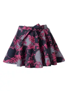 Hunny Bunny Girls Navy Blue & Pink Printed Flared Knee-Length Skirt With Attached Shorts