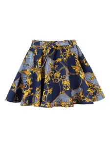 Hunny Bunny Girls Navy Blue & Mustard Yellow Printed Flared Knee-Length Skirt