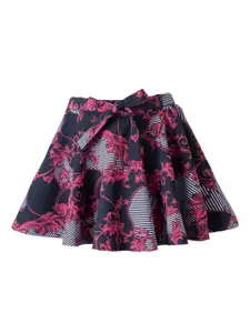 Hunny Bunny Girls Coral & Black Printed Flared Skirt with Shorts Inside