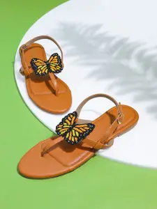 CHINI C Women Tan Brown & Black Butterfly Embellished T-Strap Flats