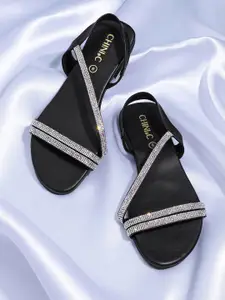 CHINI C Women Black Embellished Open Toe Flats