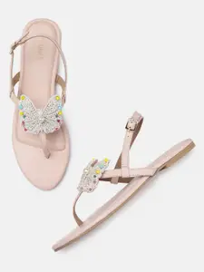 CHINI C Women Nude-Coloured & White Butterfly Embellished T-Strap Flats