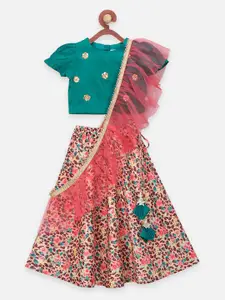 LilPicks Girls Green & Beige Embellished Ready to Wear Lehenga & Blouse With Dupatta