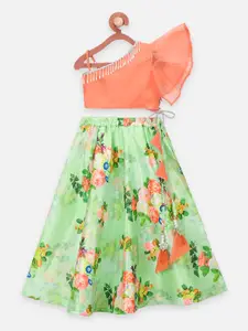 LilPicks Girls Orange & Green Block Print Ready to Wear Lehenga & Blouse