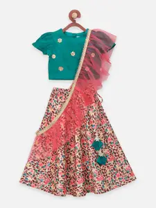 LilPicks Girls Sea Green & Multicoloured Embellished Block Print Ready to Wear Lehenga & Blouse With Dupatta