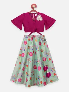 LilPicks Girls Maroon & Sea Green Ready to Wear Lehenga & Blouse