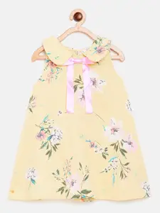 KIDKLO Girls Yellow Pure Cotton Floral Printed A-Line Dress With Bow