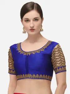 Amrutam Fab Women Blue & Beige Embroidered Raw Silk Saree Blouse