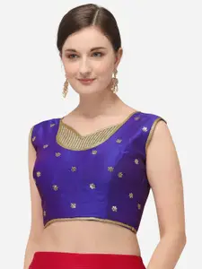 Amrutam Fab Women Blue & Gold-Coloured Embroidered Raw Silk Saree Blouse