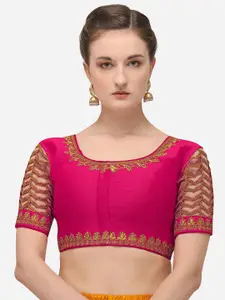 Amrutam Fab Women Pink & Gold-Coloured Embroidered Raw Silk Saree Blouse