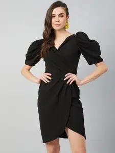 Athena Black Tulip Wrap Dress With Volume Sleeves