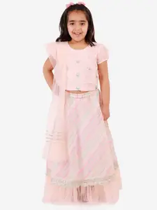 LIL DRAMA Girls Peach-Coloured & Pink Embroidered Sequinned Ready to Wear Lehenga & Blouse With Dupatta