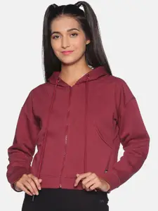 Campus Sutra Women Maroon Solid Hooded Sweatshirt