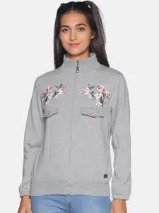 Campus Sutra Women Grey & Red Embroidered Front-Open Sweatshirt