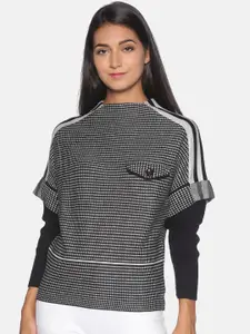 Campus Sutra Women Black & White Self Checked Pullover