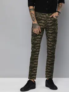 The Indian Garage Co Men Olive & Beige Camouflage Printed Slim Fit Chinos
