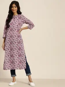 Sangria Women Magenta & Purple Floral Printed Cotton Keyhole Neck Kurta