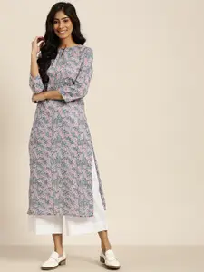 Sangria Women Grey & Blue Floral Printed Cotton Keyhole Neck Floral Kurta