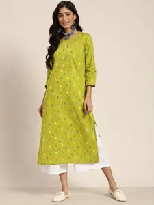 Sangria Women Lime Green & Blue Geometric Print Pure Cotton Straight Kurta