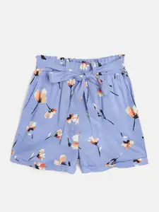 luyk Girls Blue & Peach-Coloured Floral Print Shorts with Belt