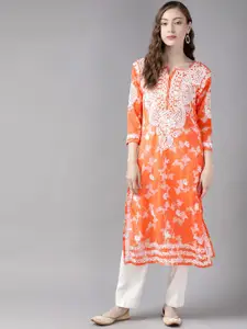 ADA Women Orange & White Pure Cotton Chikankari Embroidered Sustainable Kurta