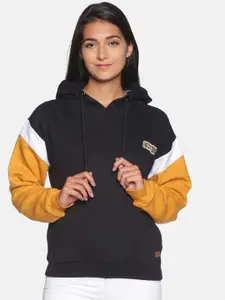 Campus Sutra Women Black and Mustard Colourblocked Hooded Sweatshirt