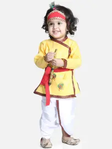 BownBee Boys Yellow Printed Pure Cotton Kanhaiya Dress Kurta & Dhoti With Mukut & Bansuri