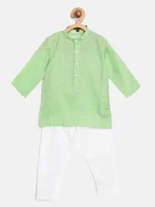 Readiprint Fashions Boys Green Linen Self Checked Kurta with Pyjamas