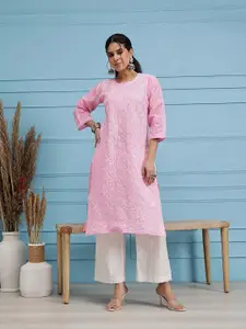 ADA Women Pink Cotton Chikankari Hand Embroidered Sustainable Straight Handloom Kurta