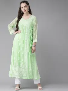 ADA Green & White Chikankari Hand Embroidered Sustainable Angrakha A-Line Handloom Kurta with Inner