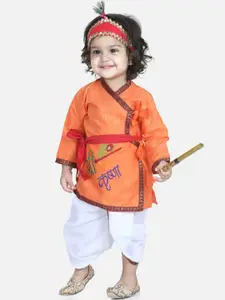BownBee Boys Orange Angrakha Pure Cotton Krishna Kurta & Dhoti Pants With Mukut & Bansuri