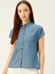 Xpose Women Blue Solid Denim Casual Shirt