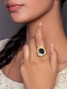 Fida Gold-Plated White Stone-Studded Pearl Beaded Traditional Adjustable Finger Ring