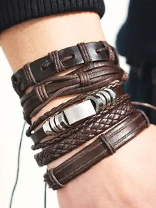 Shining Diva Fashion Men Set of 5 Brown  Silver-Toned Leather Silver-Plated Multistrand Bracelet