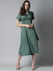 RAREISM Olive Green & Black Vertical Striped Fit & Flare Midi Dress With Waist Tie-Up