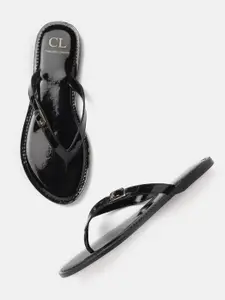 Carlton London Women Black Solid Open Toe Flats with Buckle Detail