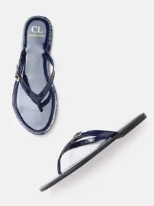 Carlton London Women Navy Blue Solid Open Toe Flats with Buckles