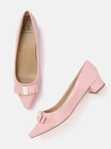 Carlton London Pink Solid Block Heel Pumps with Bow Detail