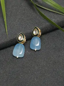 Ruby Raang Gold-Toned Blue Beaded & Kundan Studded Contemporary Drop Earrings