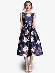 JC Collection Women Blue Floral Fit and Flare Midi Dress