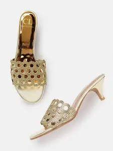 Carlton London Gold-Toned Embellished Kitten Heels with Cut Work Detail