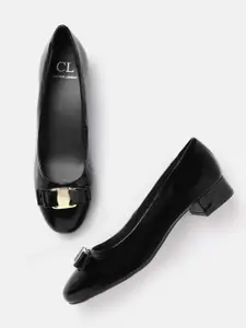 Carlton London Black Solid Glossy Finish Ballerinas with Bow Detail