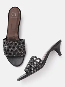 Carlton London Black Cut-Work Studded Kitten Heels