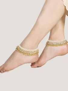KARATCART Set Of 2 Gold-Plated & White Kundan-Studded & Pearls Beaded Handcrafted Anklets