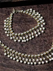 KARATCART Set Of 2 Gold-Plated White Kundan-Studded & Pearl Embellished Handcrafted Anklets