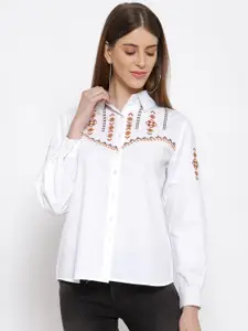 SCOUP Women White Embroidered Cotton Casual Shirt