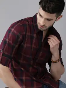 Roadster Men Maroon & Blue Checked Sustainable Casual Shirt
