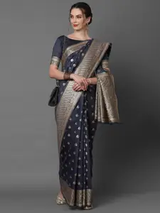 Mitera Navy Blue & Gold-Toned Woven Design Silk Blend Banarasi Saree