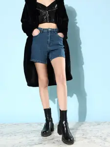 The Roadster Lifestyle Co. Women Indigo Blue College Cool Vacay Attire Denim Shorts